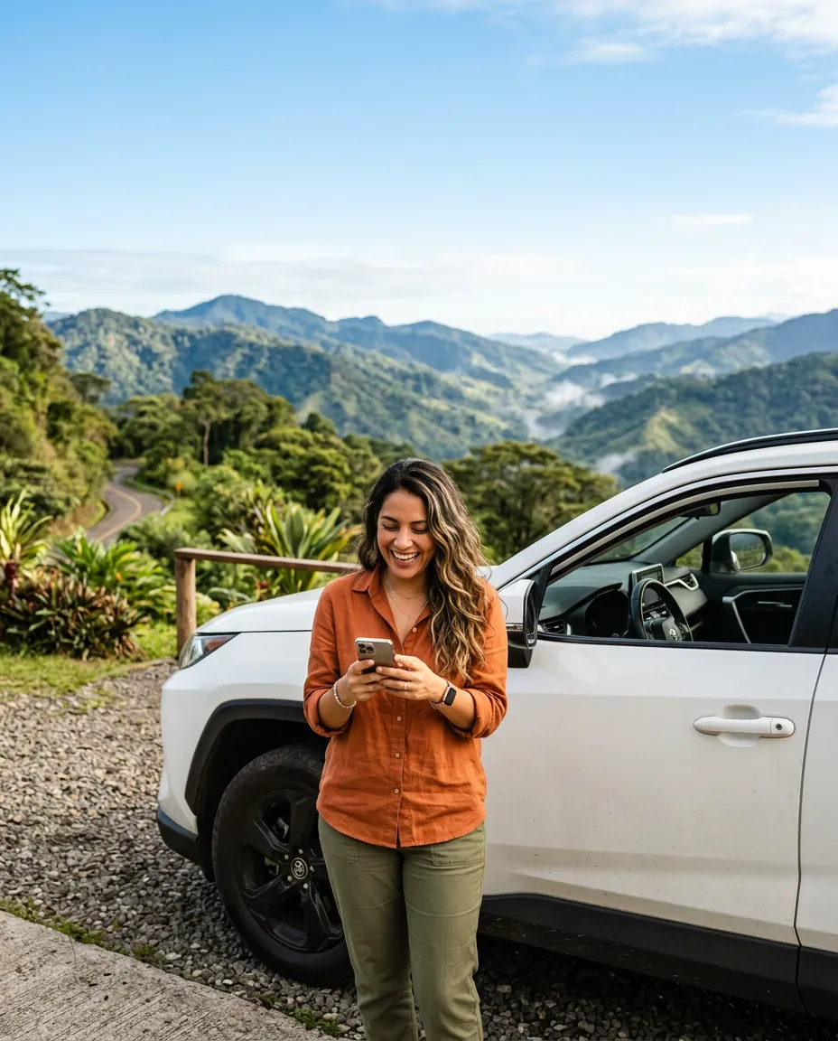 A woman smiles while searching on her phone next to a white SUV, with Costa Rica mountains in the background