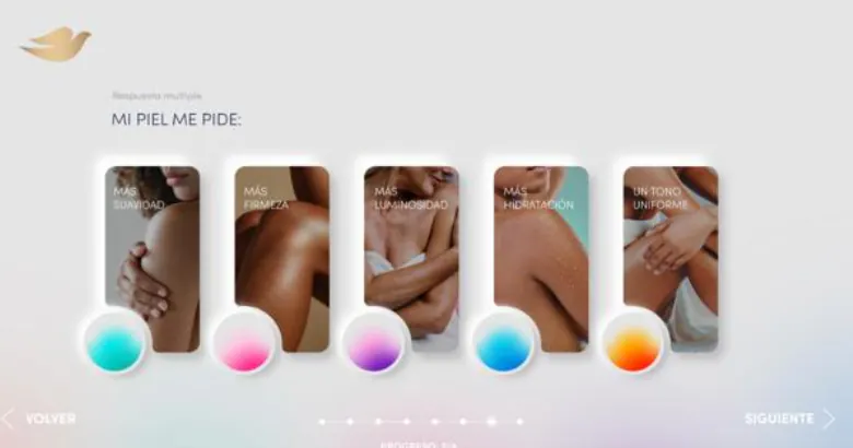 Dove “Mi piel me pide” landing page with five skin-type cards
