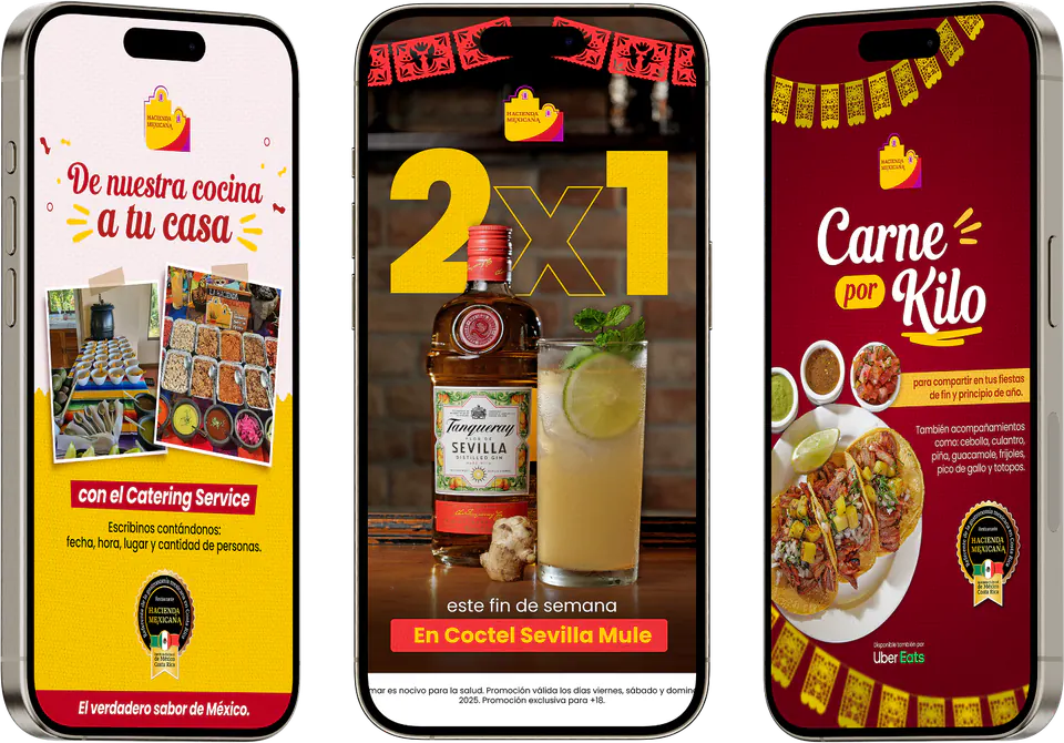 Three phones showing La Hacienda Mexicana posts: catering, a 2-for-1 promo and meat by the kilo