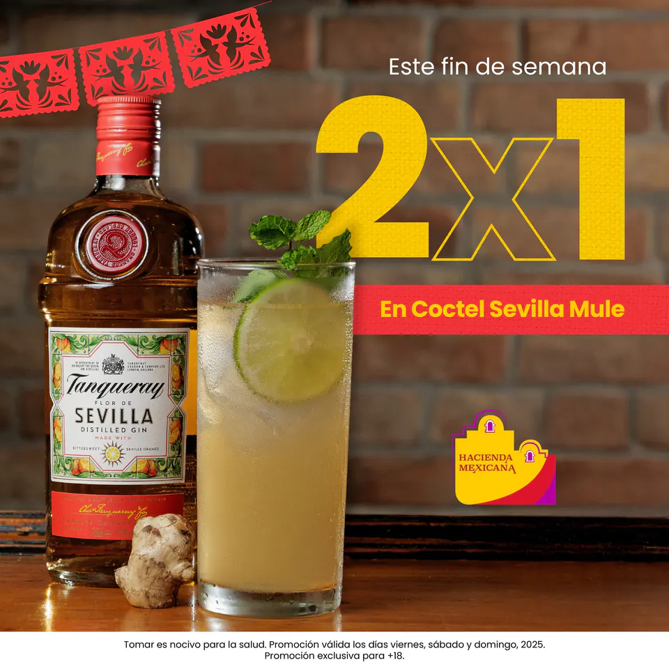 2-for-1 Sevilla Mule cocktail post with a Tanqueray bottle for La Hacienda Mexicana