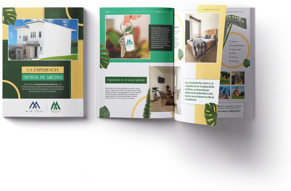 Open Condominio Milenia brochure with photos of the homes