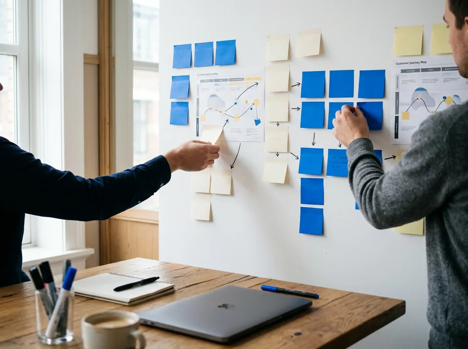 Two people arrange blue sticky notes and customer journey maps on a wall during a strategy workshop