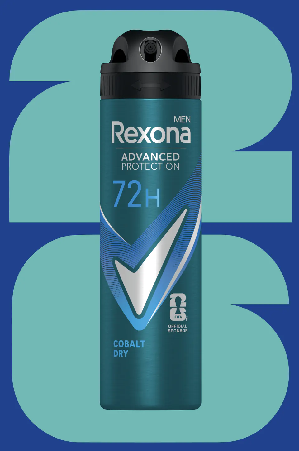 Rexona Men Cobalt Dry deodorant over a graphic number 26 in blue and teal