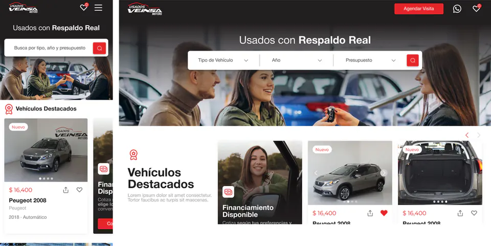 Veinsa Motors used-car website in mobile and desktop views