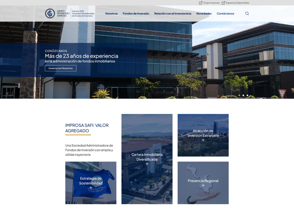 Improsa SAFI website homepage with corporate buildings and service sections